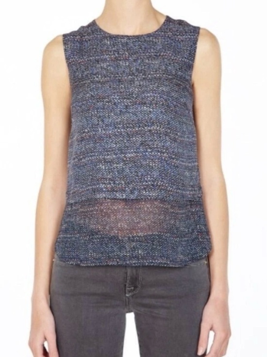 Theory Tops - Theory 100% Silk Tweed Print Navy Sleeveless Blouse Office Casual Sheer SZ L